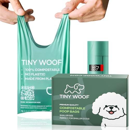 TINY WOOF Sacchetti compostabili con manici, 360 pezzi, sacchetti per escrementi di cani di piccola taglia, a prova di perdite, antiodore, compostabili certificati, per chihuahua, barboncini
