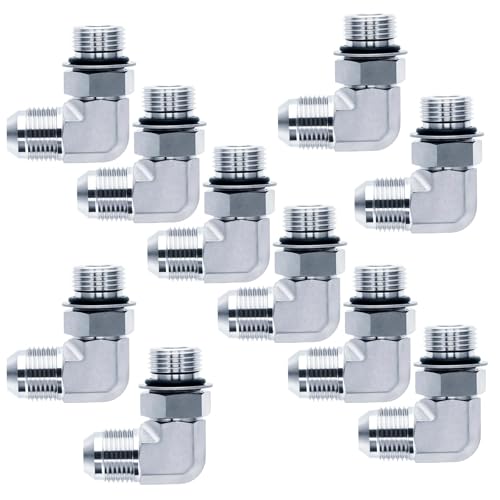 Image of 90 Degree Elbow Straight Hydraulic Hose Adapter Fittings, 6801-08-08 1 /2 inch Male JIC (3 /4 inch-16 thread) x 1 /2 inch Male ORB (3 /4 inch-16 thread) Connectors x 10 pack