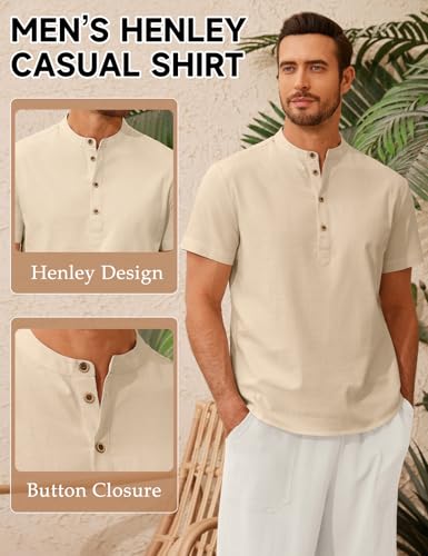 Vijamiy Camiseta Lino Hombre Camisas Manga Corta Verano Casual Camisas Elegante Algodón con Botónes Shirt Regular Fit(Beige,XL)