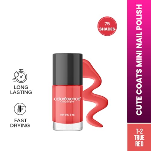 Image of Coloressence Cute Coats Long Lasting Glossy Finish Nail Paint | Chip Resistant | Quick Dry | One Swipe Application | Toxin Free|True Red-6Ml