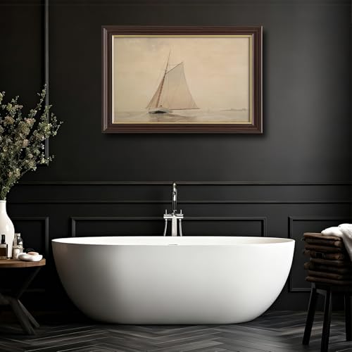 Image of Framed Vintage Sailboat Canvas Wall Art, Antique Nautical Watercolor Painting Prints, Neutral Tone Coastal Wall Decor for Living Room Bedroom Bathroom Office