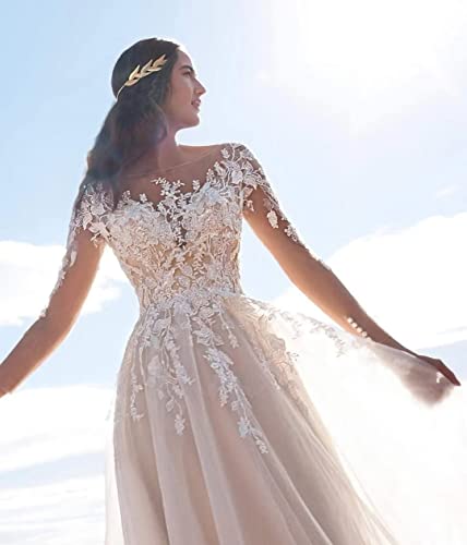 Long Sleeve Wedding Dresses For Bride 2023 Lace Tulle Scoop Neck Lace Tulle Bridal Formal Gowns Dresses For Women Ivory Us8 #TOP3