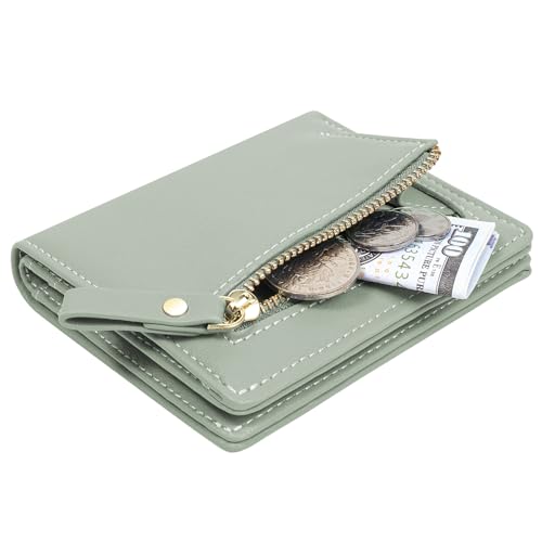 SUMGOFO Small Wallet for Women Slim Leather Card Holder RFID Mini Bifold Short Front Zipper Pocket Coin Purse (Mint Green)2