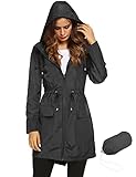 LOMON Womens Lightweight Waterproof Rain Jacket Active Outdoor Hooded Raincoat with Drawstring Belt Black XL