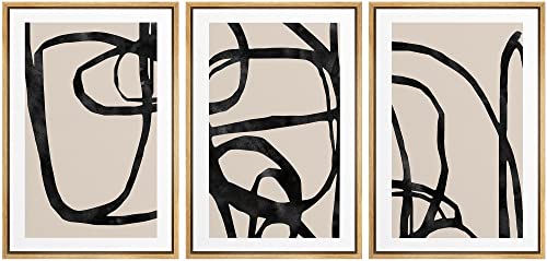 SIGNFORD Juego de 3 lienzos enmarcados para pared, collage de líneas negras y bronceadas, formas abstractas, arte moderno, bohemio, nórdico, relajante, tranquilo, para sala de estar, dormitorio,