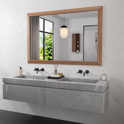Amorho 50 X36 Inch Bathroom Mirror for Over Sink, Walnut Wood Grain Metal Frame Wall Mirror, Anti-Rust, Hang Horizontally/Vertically, Suitable for Bedroom, Farmhouse, Bathroom, Decorative
