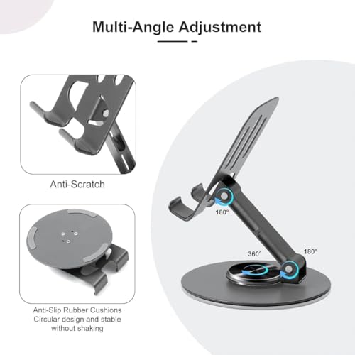 Image of Mobile Phone Stand for Desk | 360 Rotation & Adjustable Height | Foldable Stand for Smartphone & Tablet - White (Silver 360*)
