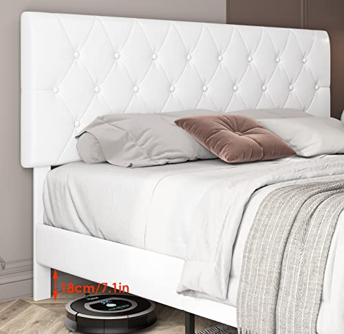 Ttview Upholstered Queen Bed Frame With Button Tufted Headboard, Modern Faux Leather Platform Bed With Wooden Slat Support, No Box Spring Needed, Sturdy And Noise-Free, Easy Assembly, White #TOP3