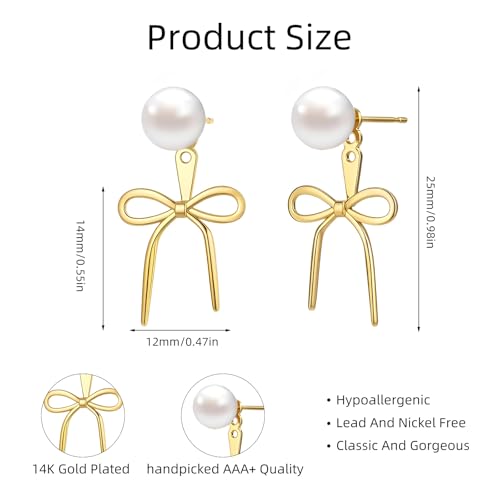 Gold Silver Pearl Earrings for Women - Hoop Earrings for Women Trendy 14K Gold Plated/Silver Twist Rope Bow Stud Bow Pearl Huggie Earring Hoops Pearls Dangle Cubic Zirconia Earring Jewelry Gift Womens2