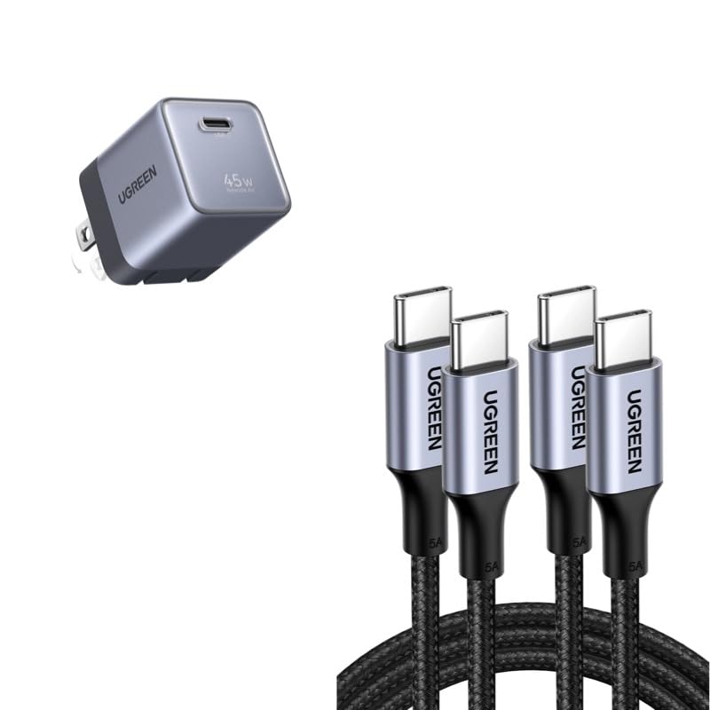 UGREEN 45W GaN Charger Block, 45W USB C Fast Charger with Foldable Plug, Plus 2-Pack 100W USB C to USB C Braided Cable (3.3FT), Compact Charging Bundle for iPhone 17/16, MacBook Air, Galaxy S26/S25, i