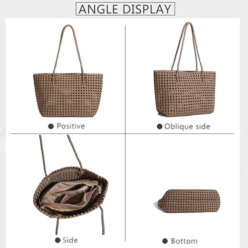 Image of JINMANXUE Woven Tote Bag For Women,Travel Shoulder Bag, Large Hollow Beach Soft Satin Handbags Hand-woven Satchel Clutch