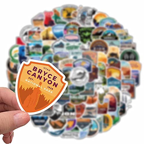 National Park Sticker Pack Set 100 pcs, Outdoor Nature Adventure Hiking Camping Wilderness Stickers, Waterproof Vinyl Travel Stickers Decals for Water Bottle Laptop Car Bumper Luggage Phone Case Bike
