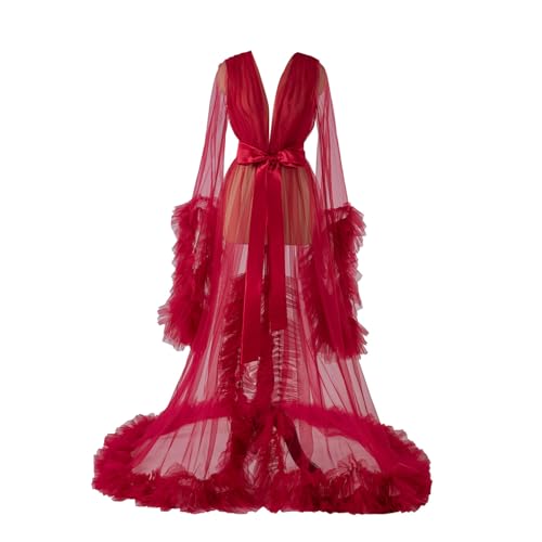 Image of Women's Long Bridal Robes Tulle Lingerie Maternity Bathrobe Photoshoot Illusion Wedding Scarf Party Nightgown