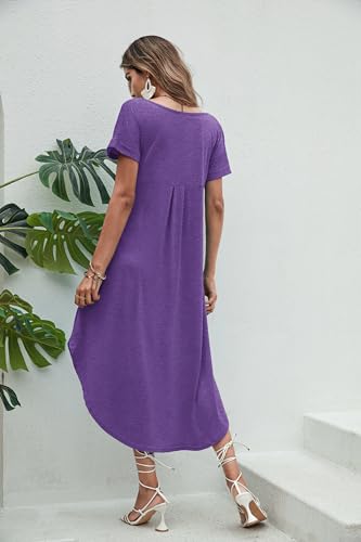 Image of Ekouaer Long Nightgowns for Women Short Sleeve House Dress with Pockets V Neck Sleepshirts Side Split Sleepwear S-4XL