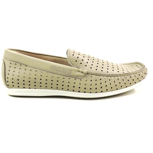 Men's Perforated Leather Loafers, Soft Beige, Comfort Slip-On Summer Shoes with White Sole, Size 42 EU2
