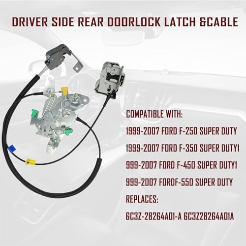 Image of HiSport Rear Door Lock Latch & Cable 6C3Z28264A00A Right Passenger Side - Compatible with Ford F250 F350 F450 F550 Super Duty Extended Cab 1999-2007 - Replaces 6C3Z-28264A00