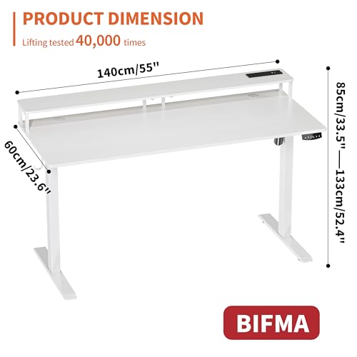 JOISCOPE 55 x 24 inch Adjustable Electric Standing Desk (3AC, USB, Type-C) with Monitor Shelf, 2 Memory Heights, Gaming Study Drafting 25 mm/s Sit Stand Desk for Home Office Bedroom,White - Image 3