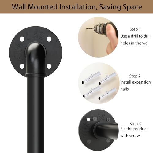 YheenLf Kleiderstange Deckenmontage schwarz aus Metall, Garderobenstange Deckenmontage 30 kg Traglast, in Handarbeit hergestellt & pulverbeschichtet, Hängende Kleiderstange B69cm x H60cm