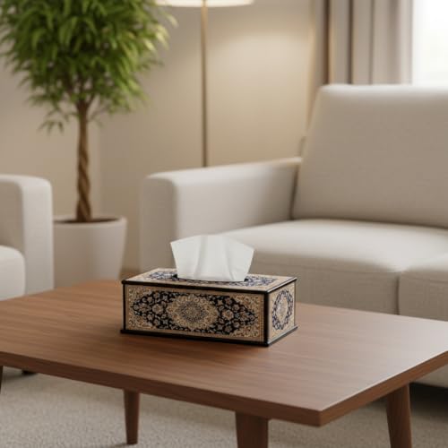 Image of Designer Wooden Tissue Box with Traditional Carpet Print Decorative MDF Tissue Holder for Home, Office, Tabletop & Hotel Use Elegant Rectangular Case (6.5 x 5 x 3 Inch)
