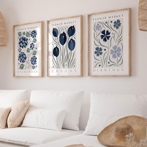Genérico Conjunto de 3 carteles, lienzos de flores azules bohemias, cuadros de pared de arte abstracto moderno, decoración vintage para dormitorio o sala de estar, sin marco (30 x 40 cm)