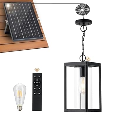 Beionxii Solar Outdoor Pendant Lights, Modern Hanging Light for Patio, Automatic Dusk to Dawn Outdoor Pendant Lights with Remote Control, for Porch, Yard, Patio (Bulbs Included), BXA291-SH