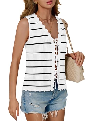 Image of COCCKO Womens Summer Tops Vacation Beach Outfits Cute Tie Front Crochet Vest Knit Sleeveless Sweaters