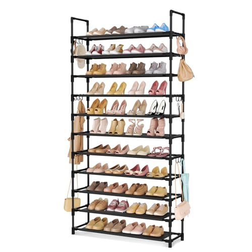 11 Tiers Tall Shoe Rack Holds 55 Pairs of Shoes with 18pcs Hooks Sturdy Wide Shoe Organizer Storage Free Standing Metal Shoe Shelf for Closet, Entryway Black