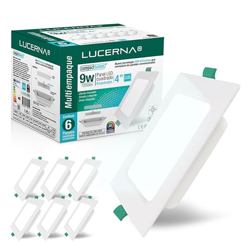 LUCERNA Downlight LED Empotrable Cuadrado - Focos Interior Techo - Plafón Con Agujeros - Pack de 6 (Luz Fría 6500K, 9W)