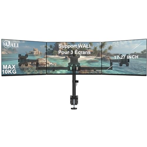 WALI Support Ecran PC 3 Ecran pour Moniteurs jusqu'à 27 Pouces, Bras Ecran PC Entièrement Réglable Horizontal pour 3 Écrans, Capacité de Poids de 10 kg par Bras, VESA 75/100mm (M003S), Noir