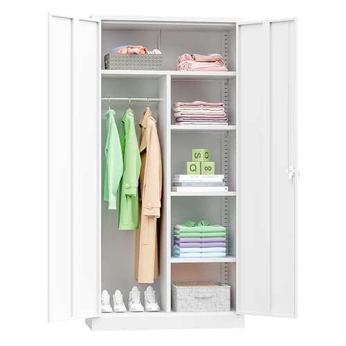 Image of INTERGREAT Metal Wardrobe Closet, 71 inch White Locking Storage Wardrobe Cabinet with Doors and Shelves, Tall Steel Clothes Storage for Office, Home, School, Gym