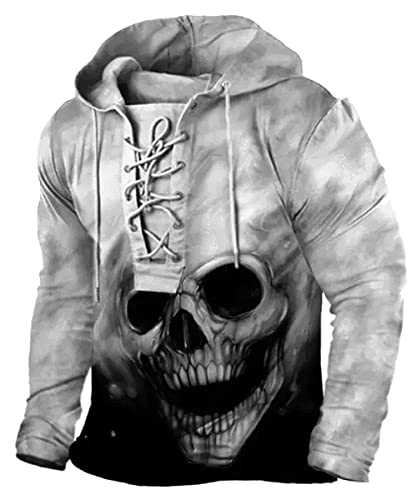 Men's Outdoor Military Tactical Hoodie Retro Distressed Skull Print Lace Up Pullover Tops Sweatshirt