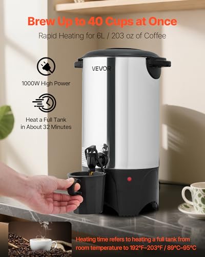 Image of VEVOR Commercial Coffee Urn, 40 Cup 6 L Hot Beverage Dispenser with Dripless Faucet, Quick-Brewing Commercial Coffee Maker, with Stainless Steel Liner, for Catering, Business, Church & Restaurant