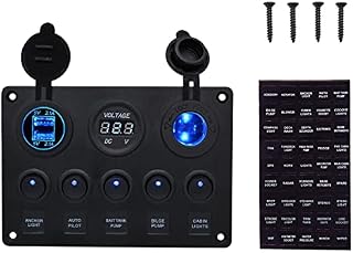 Yurayisen Waterproof 5 Gang Switch Panel,12V/24V Toggle Switch Panel,Dual USB Charger Port 4.2A + Lighter Socket + Digital Voltmeter Display,for Boat RV Car Vehicles Truck Trailer Yacht