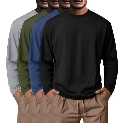 Neer 4 Pack Mens Big and Tall Shirts, 95% Cotton Long Sleeve Crewneck Casual Tops Plus Size Basic Tee Shirts Multipack