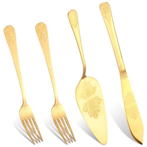 4PCS Wedding Cake Knife and Server Set Vintage Engraved Gold Cake Cutting Set for Wedding Cake Serving Set with 2 Forks for Birthday Engagements Anniversaries Bride Groom