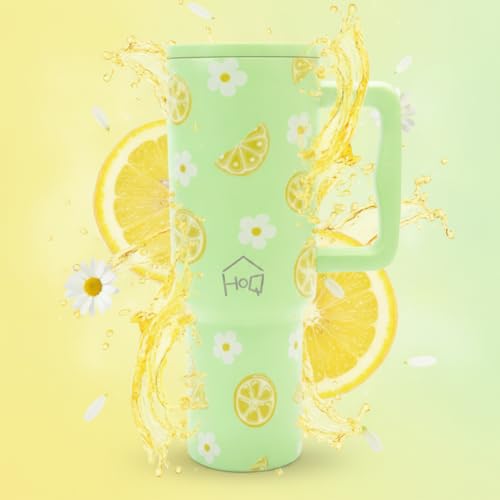 Image of House of Quirk 1200ML Stainless Steel Tumbler with Handle & Lid, 2 Straws - Large Travel Mug Water Cup for Gym, Office & Outdoor Use (Green Lemon)