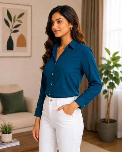 Image of FUNDAY FASHION Women Solid Regular Fit V Collered Casual Shirt