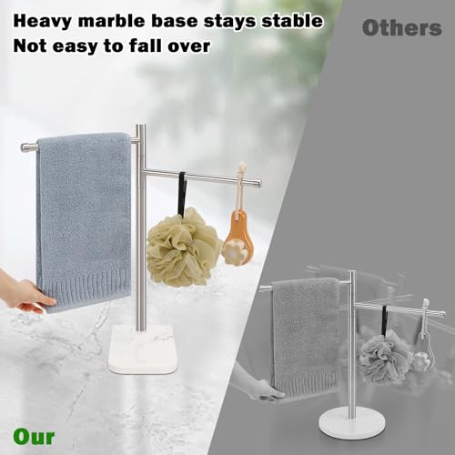 Winmien Standing Hand Towel Holder, Hand Towel Stand with Marble Base, 304 Stainless Steel Towel Rack with 2 Swivel Arm, Countertop Stand Towel Ring Towel Bar for Bathroom (Brushed Nickel