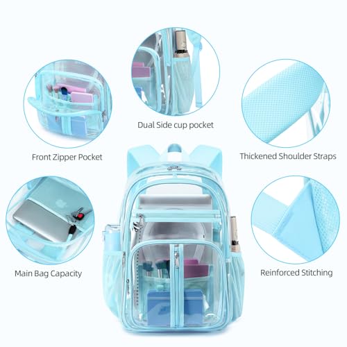 Image of XL Clear Backpack Heavy Duty For Lady,18in TPU Bookbag 15Age+ Girls,Not-PVC | See Through Stitch durable plastic Multi-Pocket Design For School Adults work Warehouses Airport security,check events (Aqua)