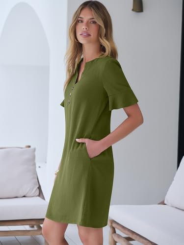 Image of Prinbara Womens Summer Casual Dresses Ruffle Short Sleeve V Neck Button 2026 Spirng Vacation Beach Loose Boho Shift Dress