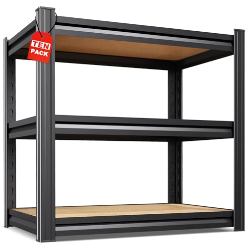 Image of Set of 10 Garage Shelving,3 Tier Garage Storage Shelves,Adjustable Heavy Duty Metal Shelving Units and Storage Large Rack,Utility Steel Shelf For Shop Warehouse Industrial Pantry Basement 33 inchx35 inchx16 inch
