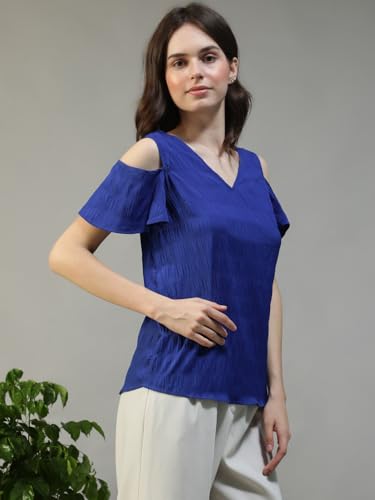 Image of oxolloxo Women Solid V-Neck Short Sleeve Cold Shoulder Yarn-Dyed Dobby Top