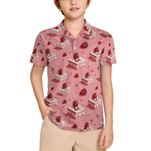 Boys' Classic Polo Shirts Short Sleeve Moisture-Wicking Golf & Tennis Shirts for Youth Teens Cute Strawberry Cake