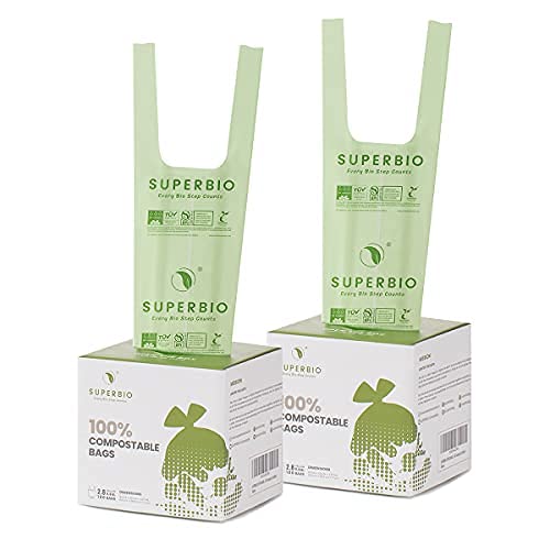 SUPERBIO 2.6 Gallon Compostable Bags, 100 Count, 2 Pack, 9.84L, Handle Tie Food Waste Bags, BPI and OK compost INDUSTRIAL Certified