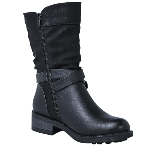 GLOBALWIN Women's Mid-Calf Boots Round Toe Zip-Up Slouch Booties with Buckle Strap Casual Spring Fall Winter Black Boots For Women With low Heel Comfortable For Walking Size 6.5M - image 4