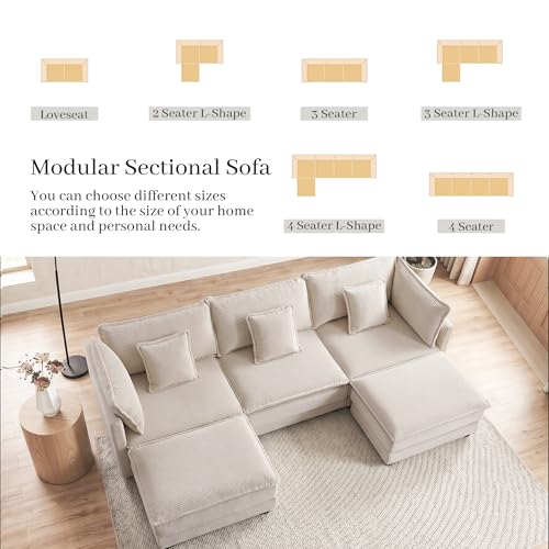Image of Corduroy Sectional Couch, 3 Seater 113 inch U Shaped Cloud Couch with 2 Ottomans, Modular Deep Seat Sofa with Pillows for Living Room, Apartment, Beige