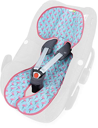 Priebes Sitzauflage Lola für Babyschalen Gruppe 0 mit Easy-out Gurtsystem | kühlt durch Luftzirkulation | Alternative zum Sommerbezug |atmungsaktiv&waschbar, Design:flamingos aqua
