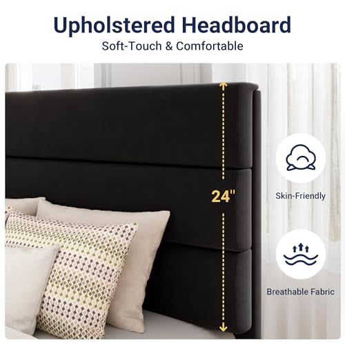Allewie Twin Size Platform Bed Frame with Velvet Upholstered Headboard and Wooden Slats Support, Fully Upholstered Mattress Foundation/No Box Spring Needed/Easy Assembly, Black