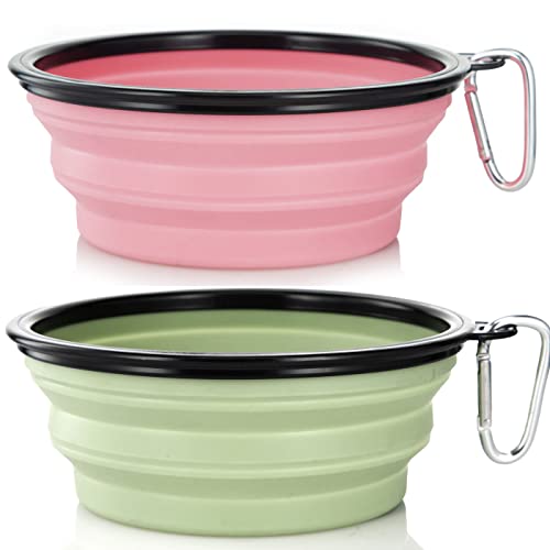 Image of Dog Bowl Pet Collapsible Bowls, 2 Pack Collapsible Dog Water Bowls for Cats Dogs, Portable Pet Feeding Watering Dish for Walking Parking Traveling with 2 Carabiners (Large, Fairy Pink & Sprout Green)