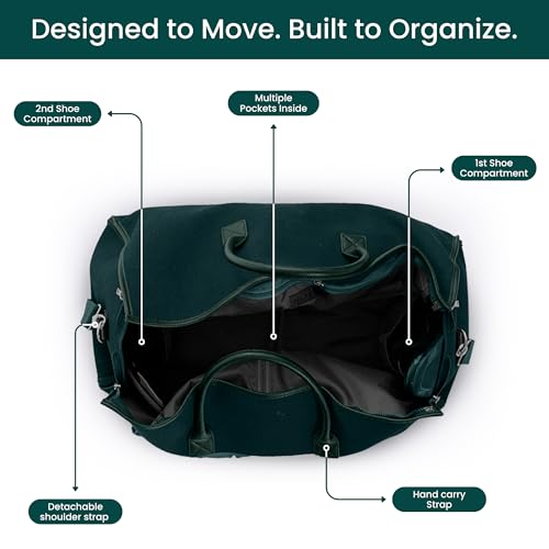 NOBL Travel Fold N Go Duffel Bag, 2-in-1 Convertible Garment Weekender Bag & Suit Carrier, Large Carry On Duffle Bag for Men & Women, Leather Overnight Bag with 2 Shoe Compartments - Forest Green3